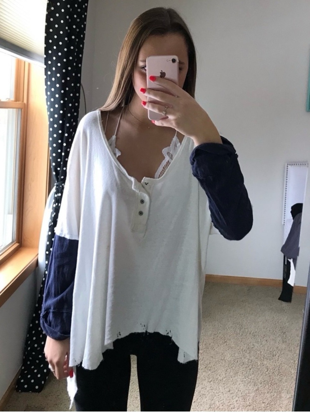 Free People Cream Henley Top with Black Sleeves and Light Blue Shoulders